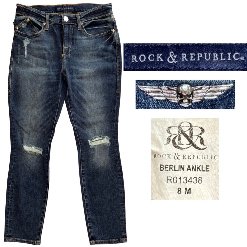 Rock & Republic Berlin Ankle Jeans Dark Wash Distressed Size 8 Skinny Cropped